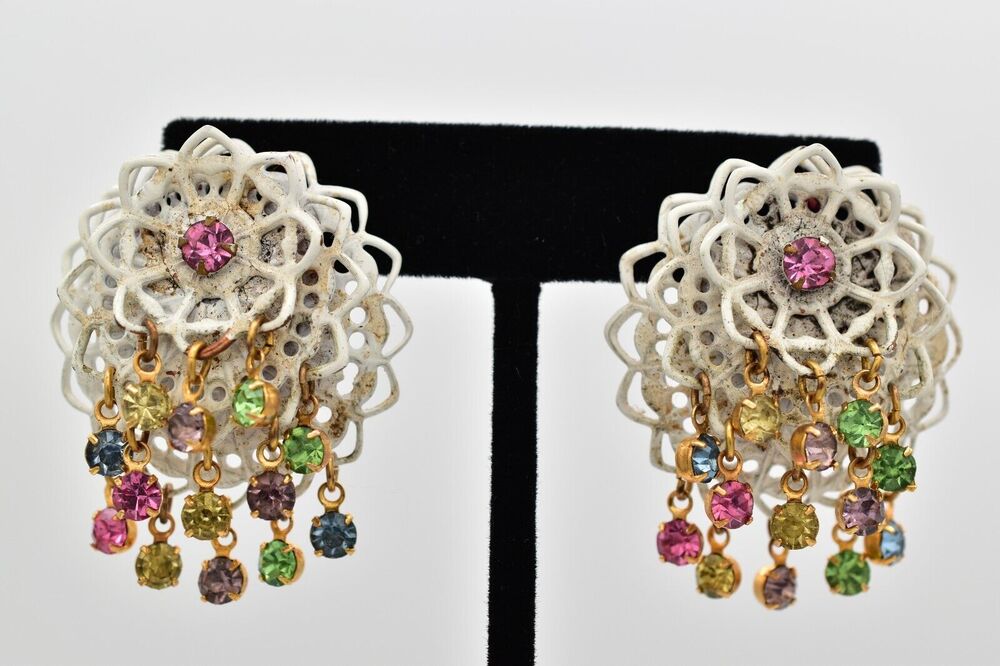 Vintage Crystal Dangle Clip On Earrings White Multi-Color Chain Shaker 80s BinBB